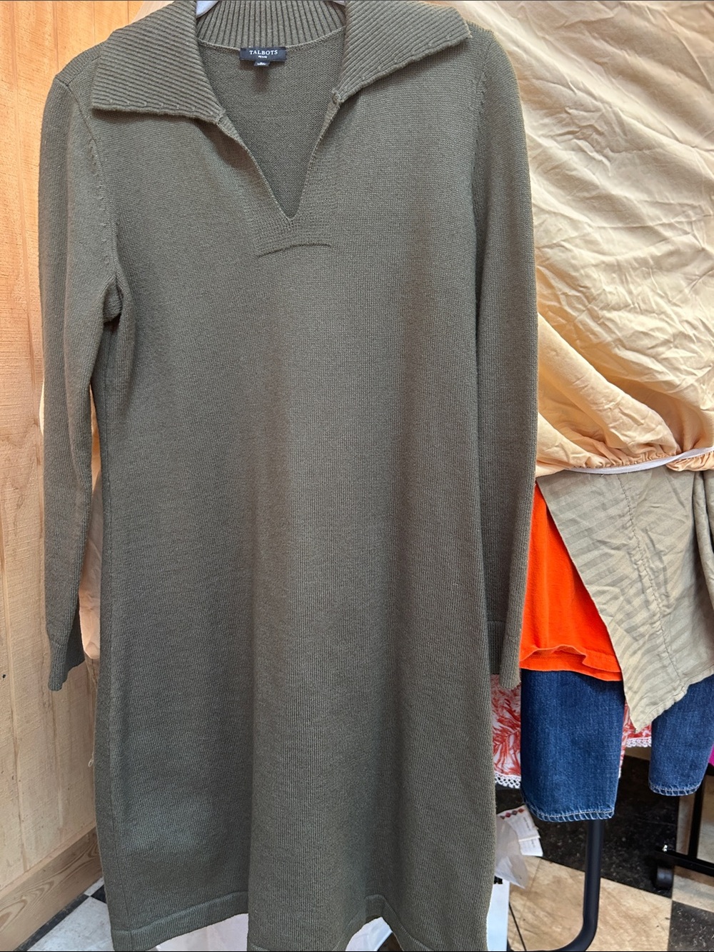 Talbots Olive Green Knit Collared V-Neck Dress